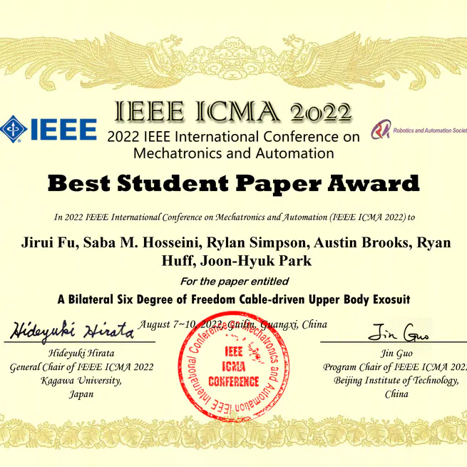Our Paper Received the Best Student Paper Award on the 2022 IEEE International Conference on Mechatronics and Automation (ICMA), Guilin, Guangxi, China, 2022